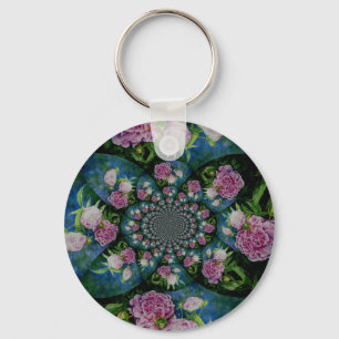 Rosa White peony blommigt water color mandala Nyckelring