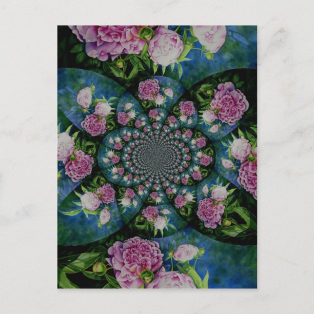 Rosa White peony blommigt water color mandala Vykort (Framsida)