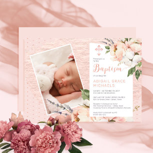 Rosa   White Peony Blooms Girl Baby Photo Baptism Inbjudningar