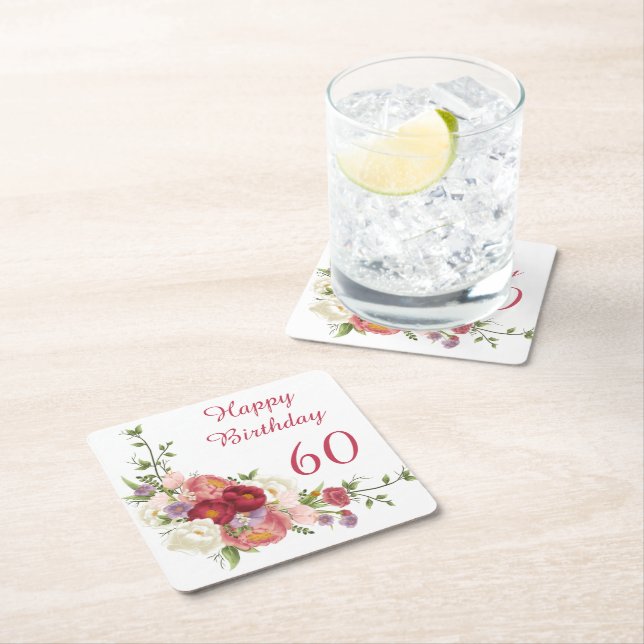 Rosa White Peony Flower Grattis på födelsedagen Underlägg Papper Kvadrat (Insitu)