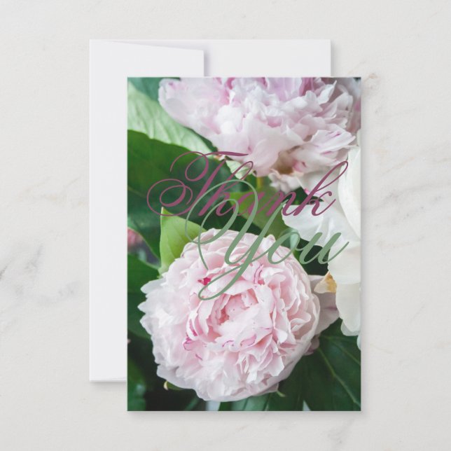 Rosa White Peony Fullt Bloom Greenery Bröllop Tack Kort (Framsida)