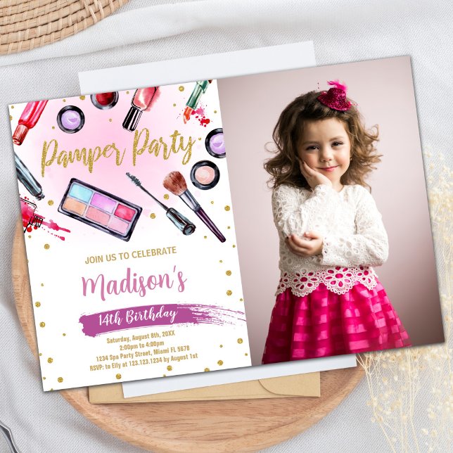 Rosa White Photo Pamper Party Birthday-inbjudninga Inbjudningar (Pink White Photo Pamper Party Birthday Invitations)