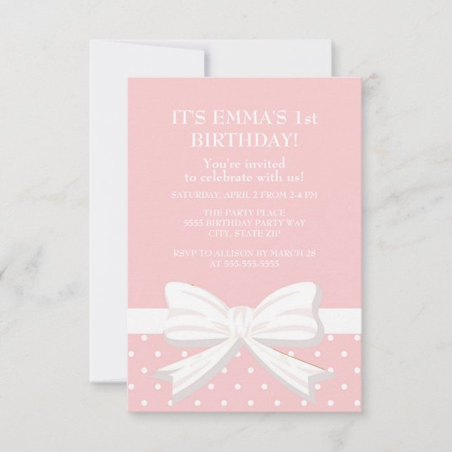 Rosa White Polka Dot Little Girl First Birthday Inbjudningar (Framsida)
