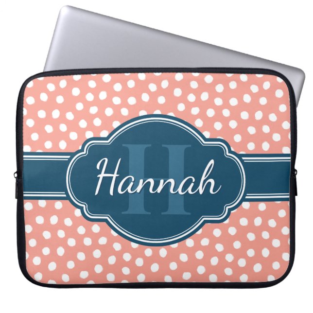 Rosa White Polka Dot Mönster Navy Monogram Laptop Fodral (Framsidan)