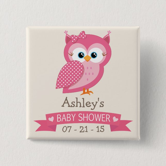 Rosa & White Polka Dot Uggla Baby Shower Knapp (Framsida)