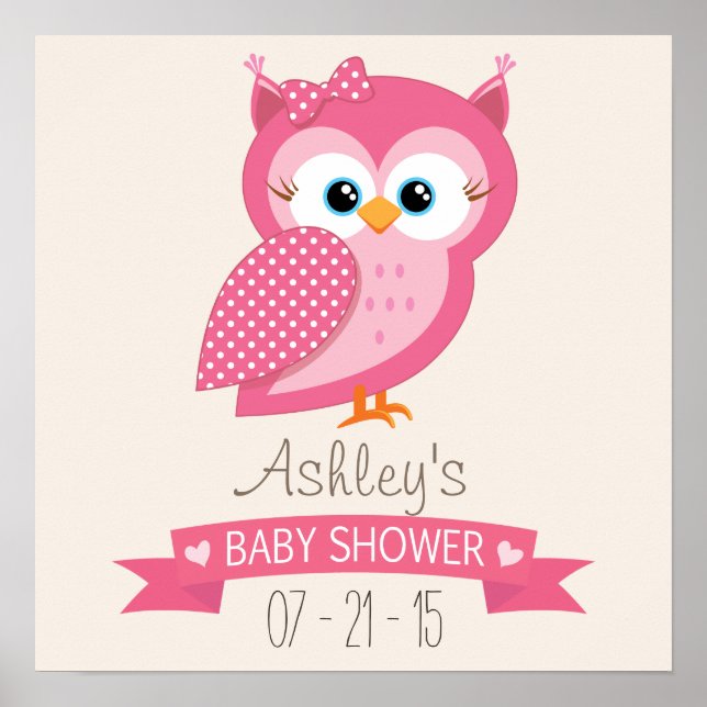 Rosa & White Polka Dot Uggla Baby Shower Poster (Framsidan)