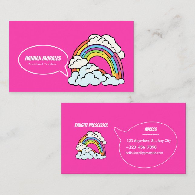 Rosa White Rainbow Illustrative Preschool Teacher Visitkort (Fram/baksida)