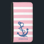 Rosa & White Rand Blue Nautical Boat Anchor Samsung Galaxy S5 Plånboksfodral<br><div class="desc">Vita och ljusa rosa rand mönster med sjöblå sjöbåtsankare. Anpassade monogram. Justerbar ankarpunkt storlek.</div>