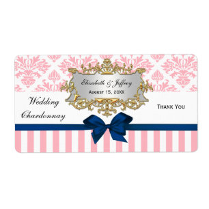 Rosa White Rand Damask Navy Blu Party Vin-etikett Fraktsedel