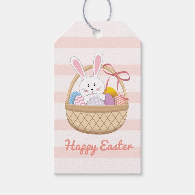 Rosa & White Rand Glad påsk Bunny i Basket Presentetikett (Framsidan)