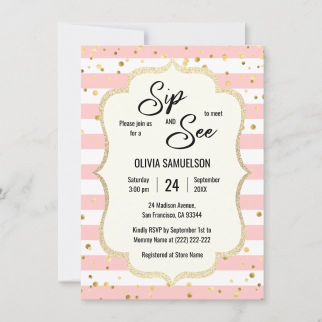Rosa White Rand Guld Black BABY SIP och SEE Inbjudningar (Framsida)