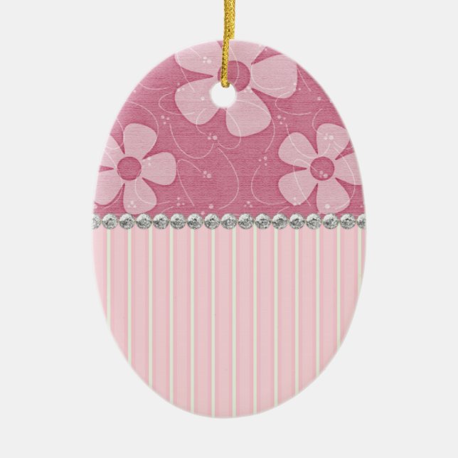 Rosa White Rand och Flowers Ceramic Egg Shape Julgransprydnad Keramik (Framsidan)
