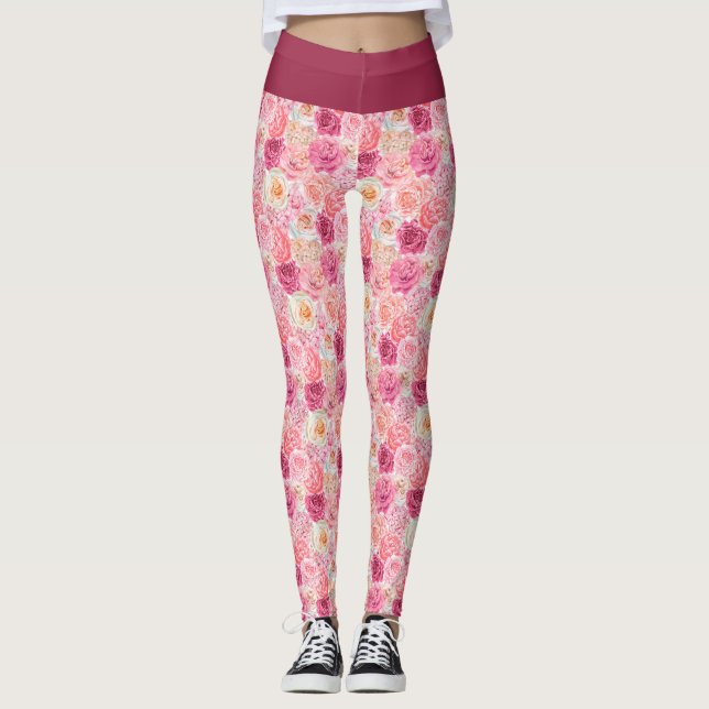 Rosa White  Rosa Magenta Blommigt Flowers Girly Leggings (Framsida)