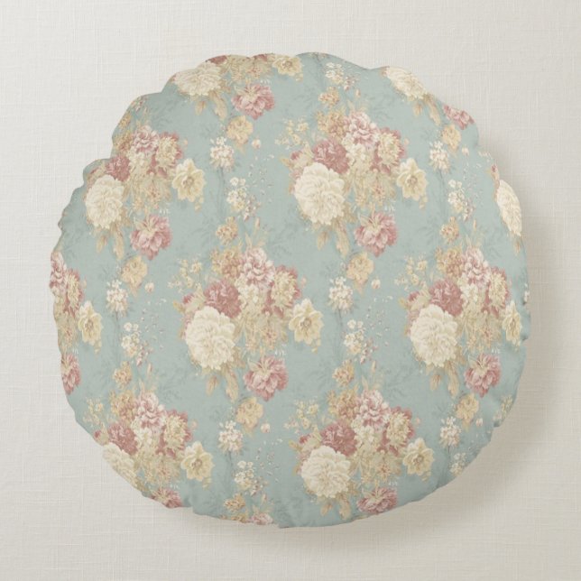 Rosa White  Rosor på Blue Background   Rund Kudde (Framsidan)
