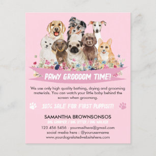 Rosa White Simple Blommigt Illustrated Hund Groome Flygblad