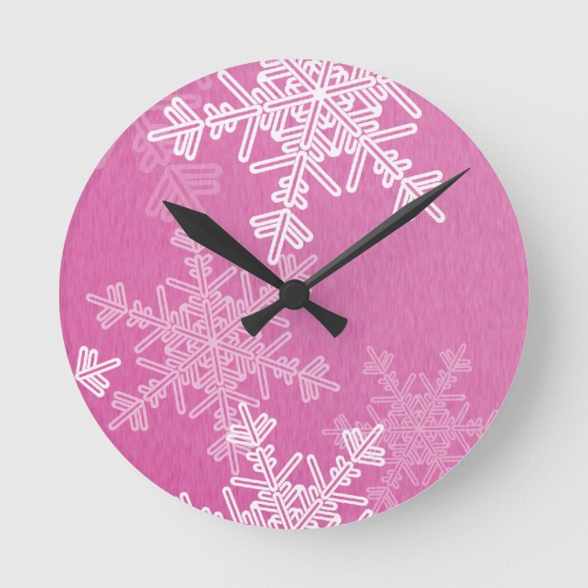 Rosa White Snöflingor minimalistisk julnam Rund Klocka (Framsida)