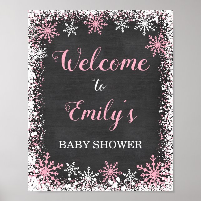 Rosa White Snowflake Girl Baby Shower Välkomstskyl Poster (Framsidan)