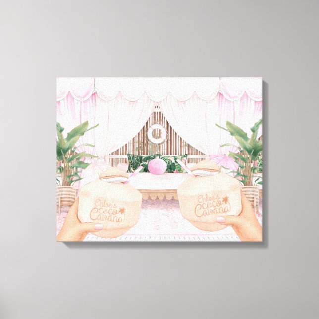 Rosa & White Stripe Hotel Bassäng Cabana | Kokosnö Canvastryck (Framsida)