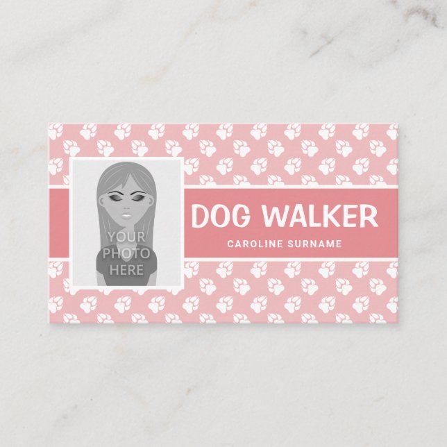 Rosa & White Tass with Photo Template - Dog Walker Visitkort (Framsida)