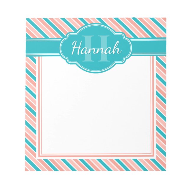 Rosa White Teal Bold Rand Mönster med Monogram Anteckningsblock (Framsida)