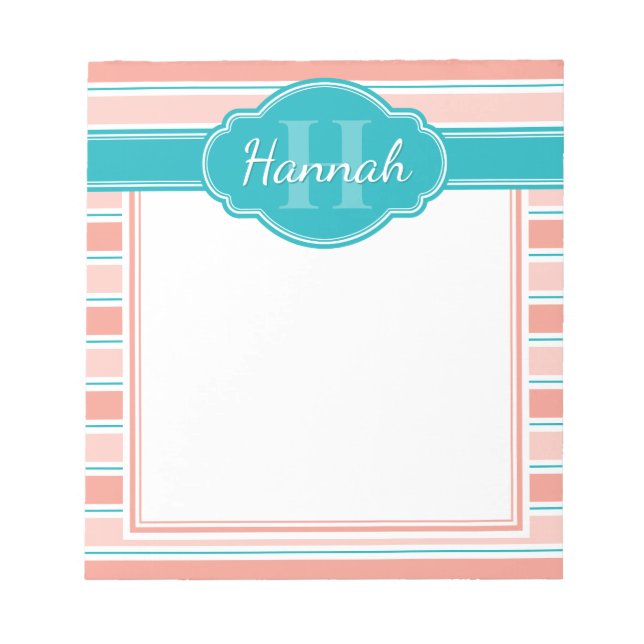 Rosa White Teal Rand Mönster Monogram Anteckningsblock (Framsida)