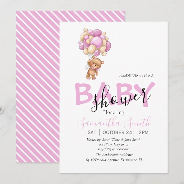 Rosa White-teddy-partiinbjudan Meddelande (Fram/baksida)