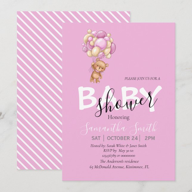 Rosa White-teddy-partiinbjudan Meddelande (Fram/baksida)