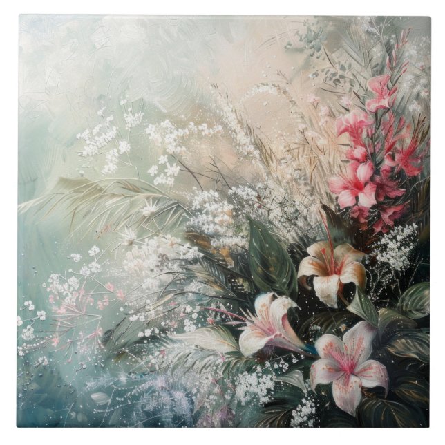 Rosa White Tropical Blommigt Kakelplatta (Framsidan)