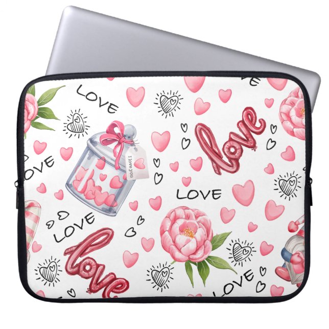 ROSA & WHITE VALENTINES DAY KÄRLEK & HEARTS LAPTOP FODRAL (Framsidan)