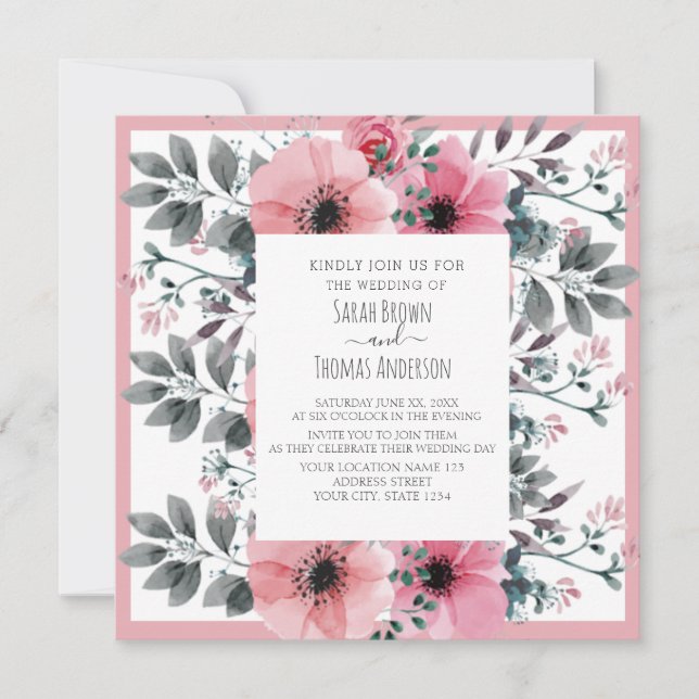 ROSA WHITE VATTEN FÄRG BLOMMIGT INBJUDNINGAR (Framsida)