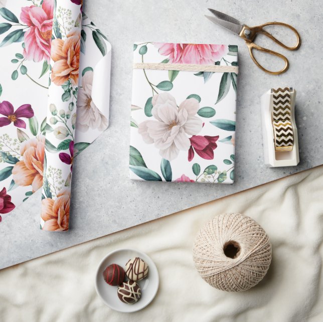 Rosa White Watercolor Peonies Presentpapper (Hantverk)