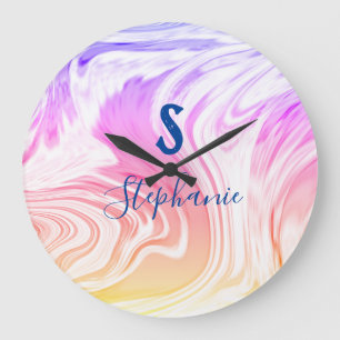 Rosa White Wave Abstrakt Girly Monogram Gift Favor Stor Klocka
