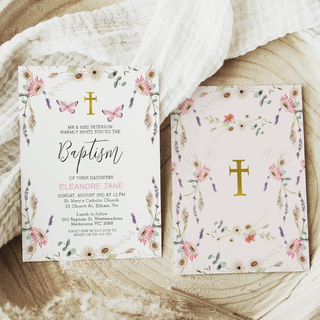 Rosa White Wildblommblommor Butterfly Baptism Inbjudningar (
Wildflowers Baptism Invitation for girl, Girls Butterflies Baptism Invitation Template, Gold Cross
)