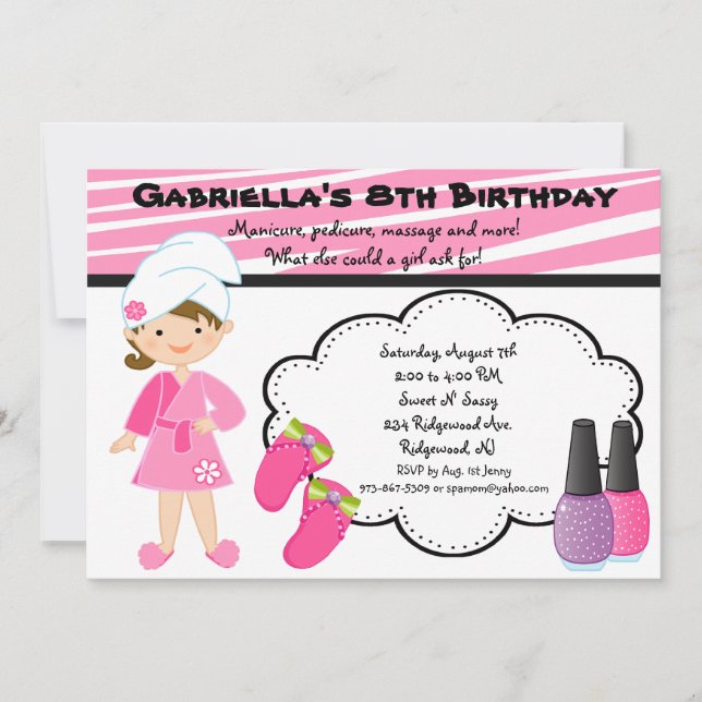 Rosa & White Zebra Girls Spa Inbjudan (Framsida)