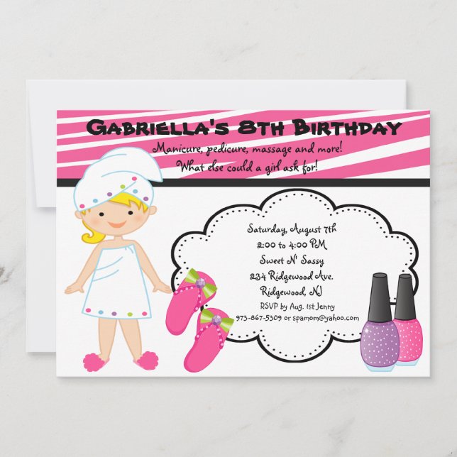 Rosa & White Zebra Girls Spa Inbjudan (Framsida)