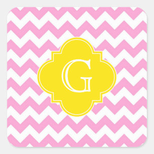 Rosa Wht Chevron Zigzag Yellow Quatrefoil Monogram Fyrkantigt Klistermärke
