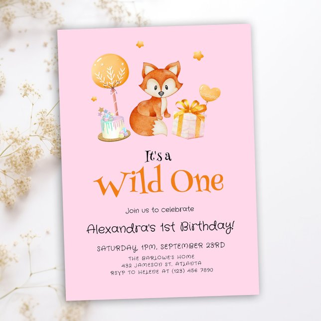 Rosa Wild One Baby Flicka Första Födelsedagen Inbjudningar (Pink Wild One Baby Girl First Birthday Invitation)