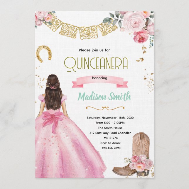 Rosa Wild West Quinceañera-inbjudan Inbjudningar (Framsida)