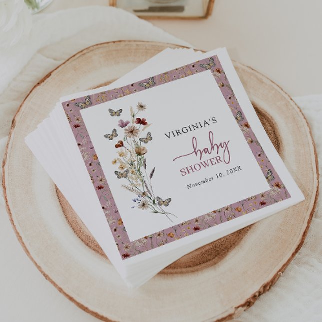 Rosa WildblomBaby Shower Pappersservett (Dusty Pink Wildflower Baby Shower Napkins with Butterflies by Painted Paperie
)