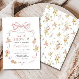  Rosa WildblomBirds Bow Girl Baby Shower Inbjudningar