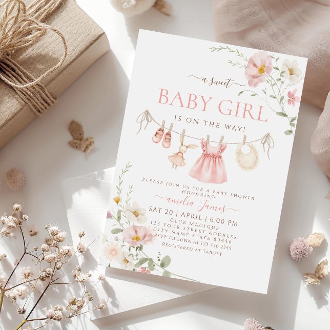 Rosa WildblomBoho barnkläders Baby Shower Inbjudningar (Skapare uppladdad)