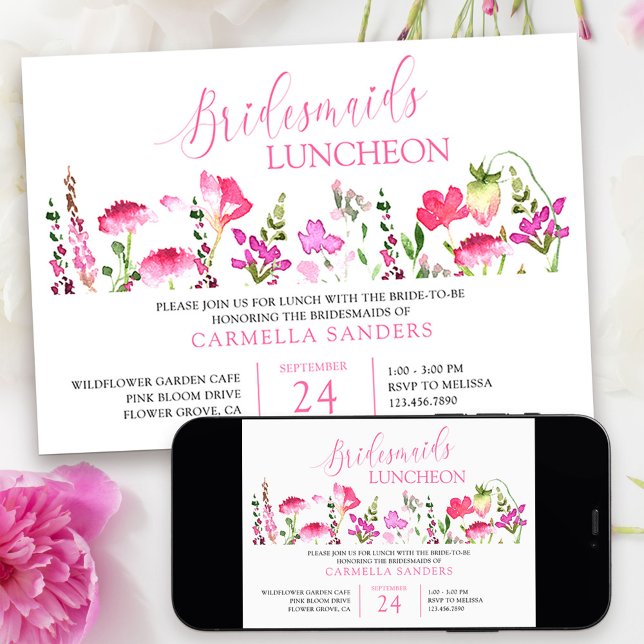 Rosa WildblomFeminine Bridesmaids Luncheon Inbjudningar (Bridal Shower Invitation from my Pink Wildflower Collection.)