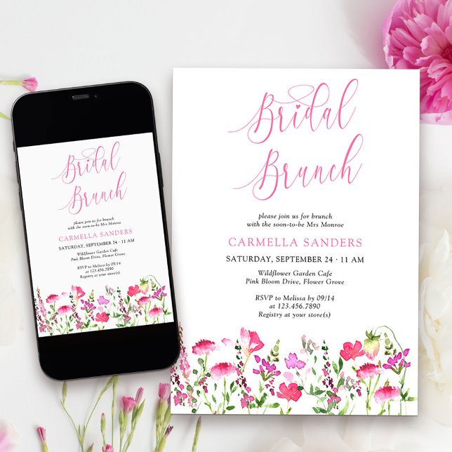 Rosa WildblomFeminine Elegant Möhippa Brunch Inbjudningar (Bridal Brunch Invitation from my Pink Wildflower Collection. Message me for co-ordinating items.
)