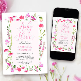Rosa WildblomGirl Baby Shower Daety Blommigt Inv Inbjudningar
