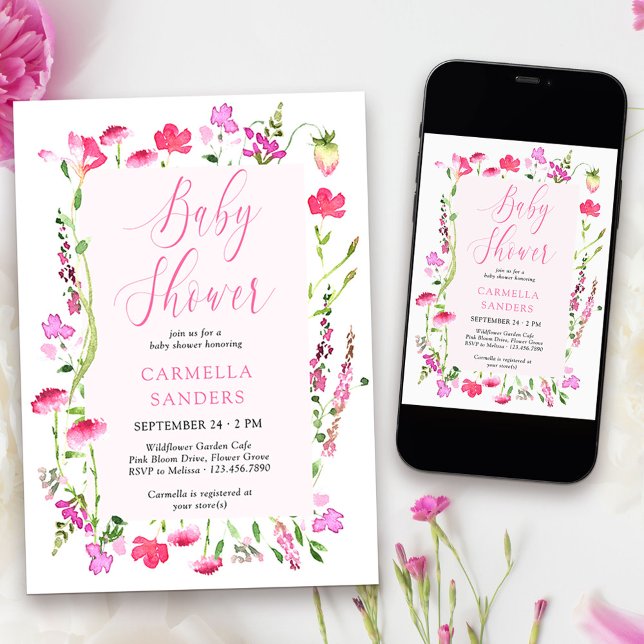 Rosa WildblomGirl Baby Shower Daety Blommigt Inv Inbjudningar (Girl Baby Shower Invitation from my Pink Wildflower Collection)