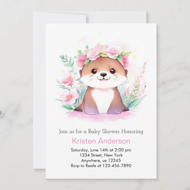 Rosa Wildblomma Äventyr Otter Girl Baby Shower Inbjudningar (Framsida)