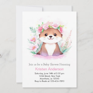Rosa Wildblomma Äventyr Otter Girl Baby Shower Inbjudningar
