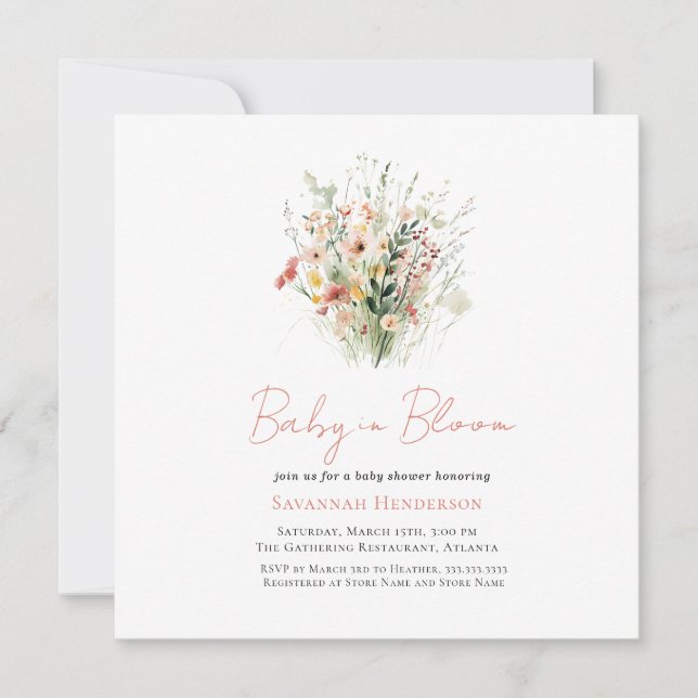 Rosa Wildblomma Baby i Bloom Baby Shower Inbjudningar (Framsida)