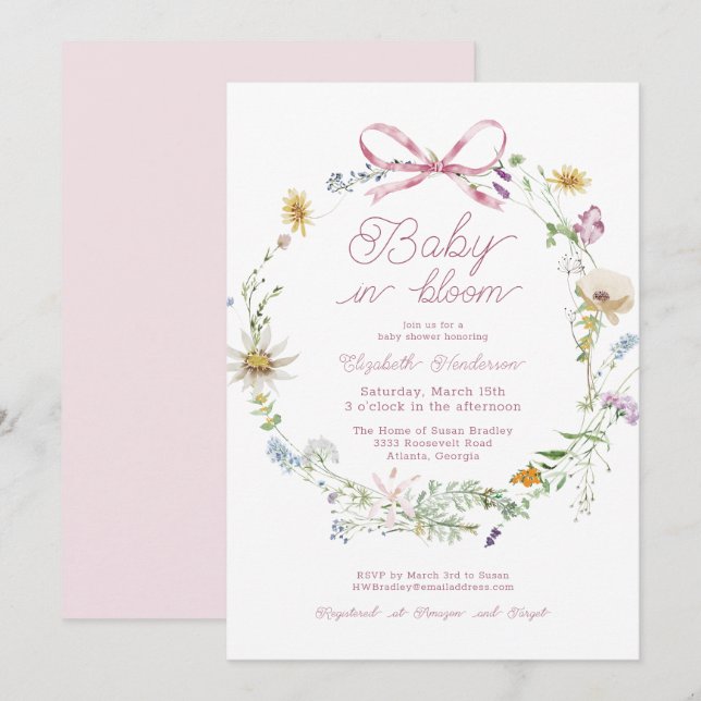 Rosa Wildblomma Baby in Bloom Baby Shower Inbjudningar (Fram/baksida)
