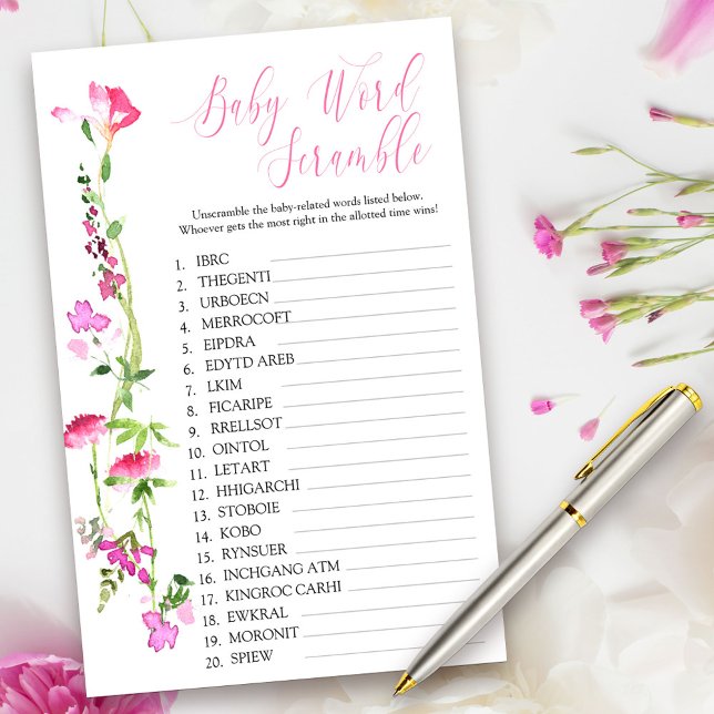 Rosa Wildblomma Baby Ord Scramble Shower Game (Baby Shower Game Cards from my Pink Wildflower Collection. Message me to create co-ordinating items.)